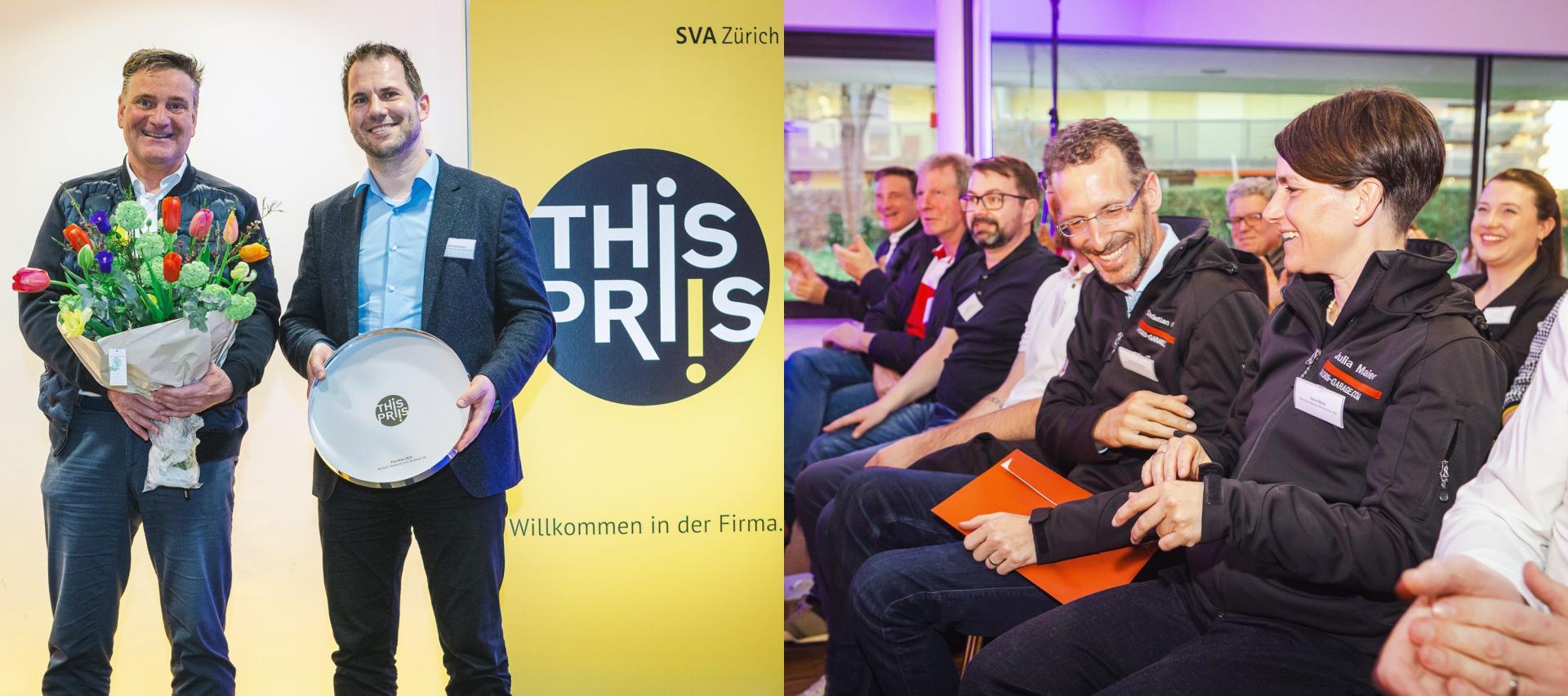Die Bildkombination zeigt die Gewinner des This-Priis 2024 (Christian Mack und Markus Brantner von der Grossbäckerei Bertschi in Kloten) und die Gewinner des Publikumspreises 2024 (Christian Meier und Julia Meier von der Schlossgarage Winterthur).