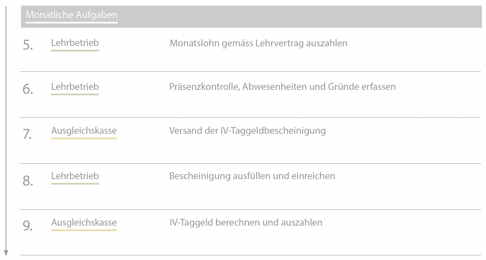 IV-Taggeld während Erstausbildung: Monatliche Aufgaben von Lehrbetrieb und Ausgleichskasse.