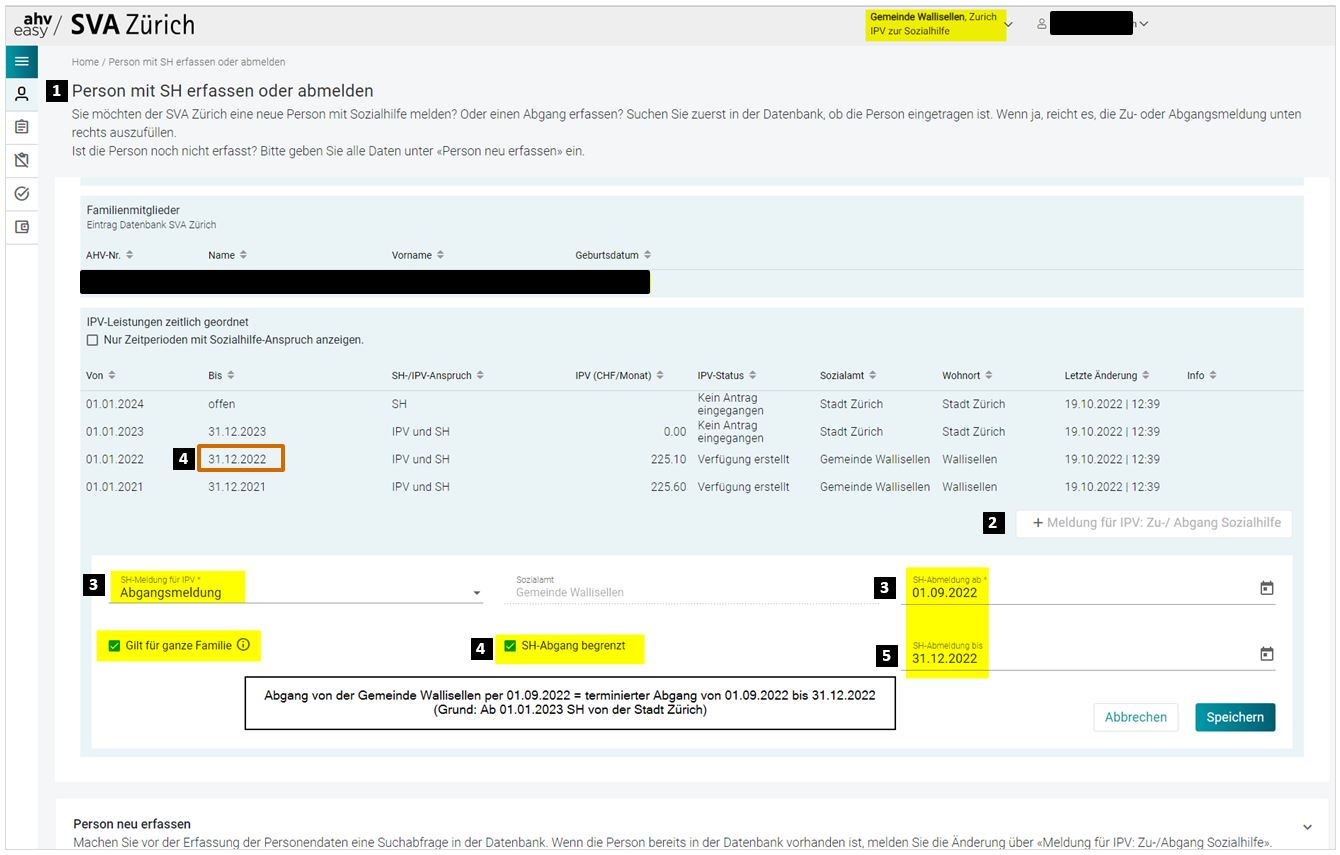 Screenshot aus der IPV_SOHI-Applikation: Begrenzten Abgang erfassen