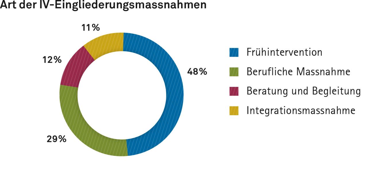 Kreisdiagramm zur Art der IV-Eingliederungsmassnahmen: 48 Prozent Frühintervention, 29 Prozent Berufliche Massnahme, 12 Prozent Beratung und Begleitung und 11 Prozent Integrationsmassnahme.