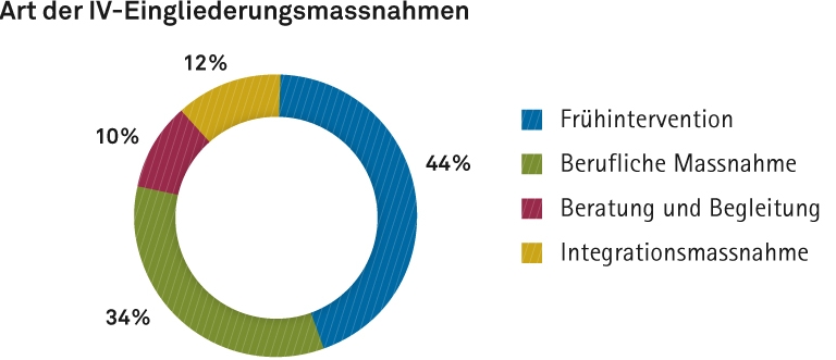 Kreisdiagramm zur Art der IV-Eingliederungsmassnahmen: 44% Frühintervention, 34% Berufliche Massnahme, 10% Beratung und Begleitung und 12% Integrationsmassnahme. 